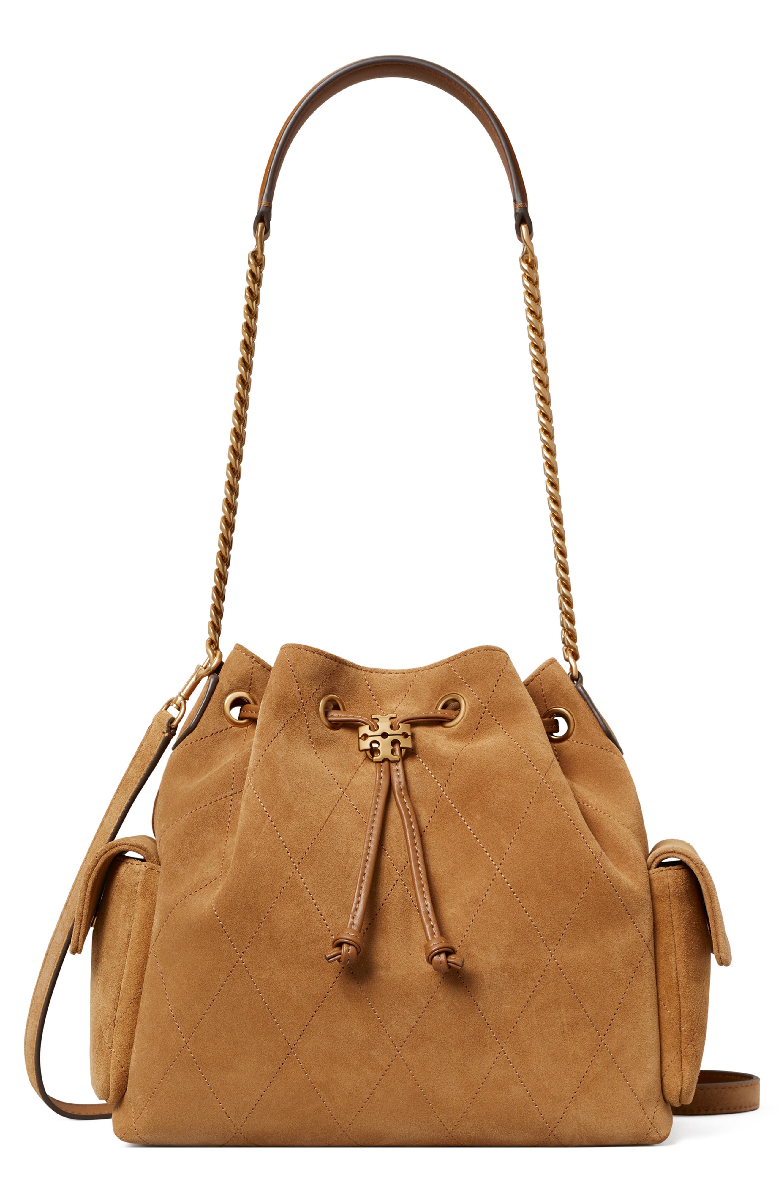 Tory Burch Charlie Quilted Suede Drawstring Bag, Main, color, 