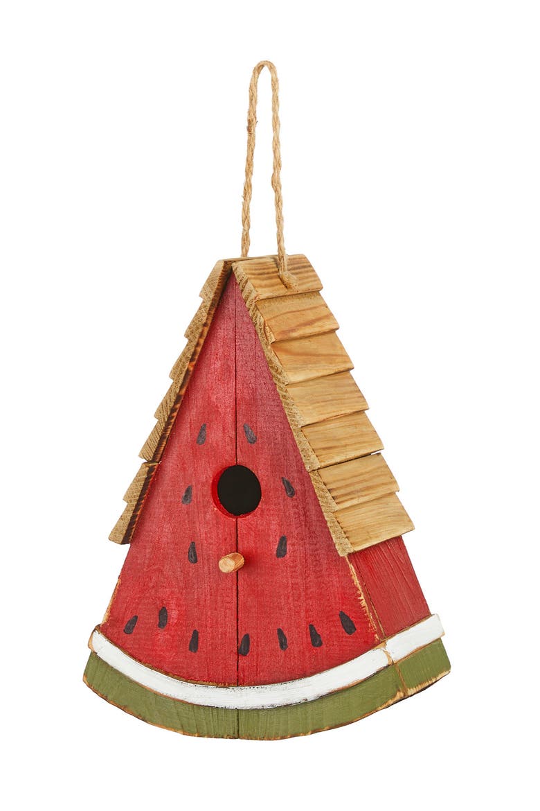11"H Distressed Solid Wood Watermelon Birdhouse, Main, color, Red