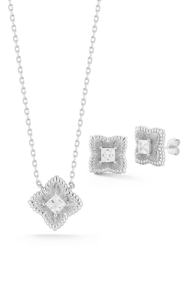 GLAZE JEWELRY Cubic Zirconia Clover Pendant Necklace & Stud Earrings Set, Main, color, Silver
