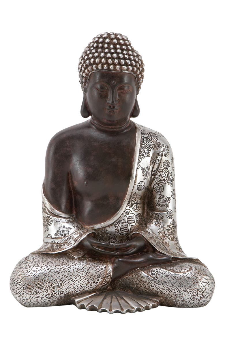 UMA Silvertone Polystone Bohemian Buddha Sculpture with Engraved Carvings and Relief Detailing, Main, color,