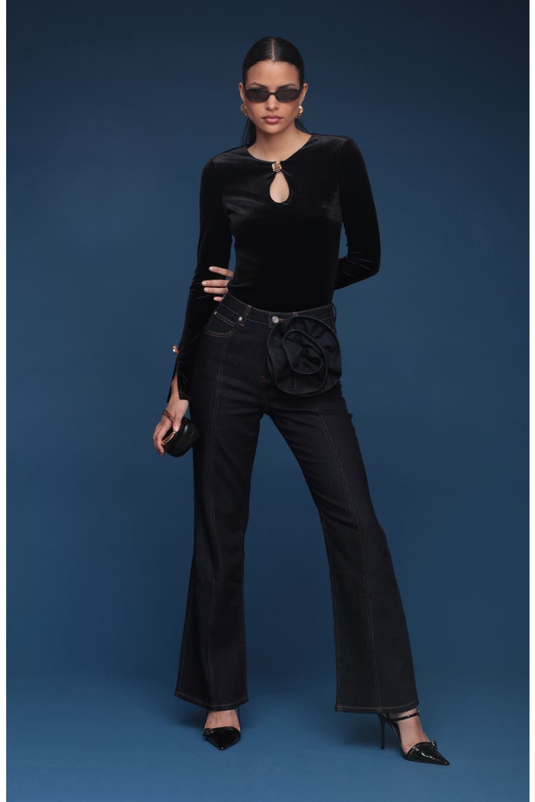 Rosette Detail High Waist Jeans, Alternate, color, DARK RINSE WASH