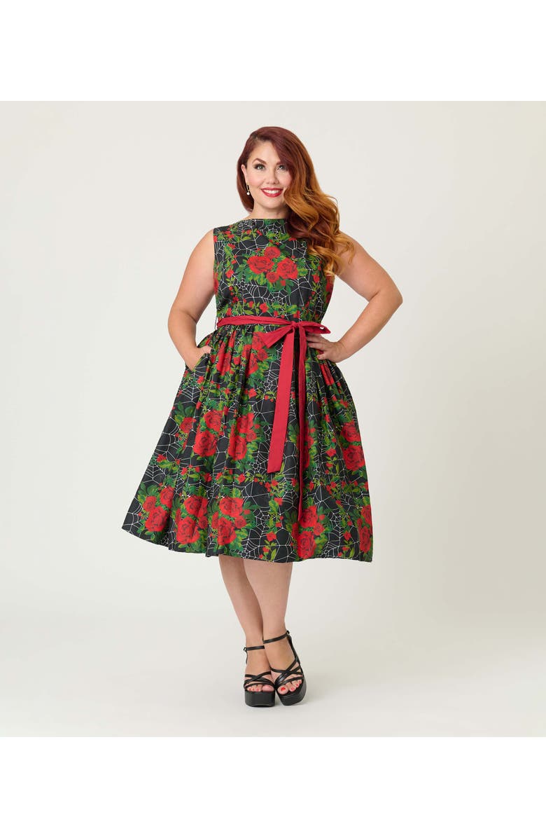 Unique Vintage Plus Size Sleeveless Belted Swing Dress, Main, color, Black/ Red