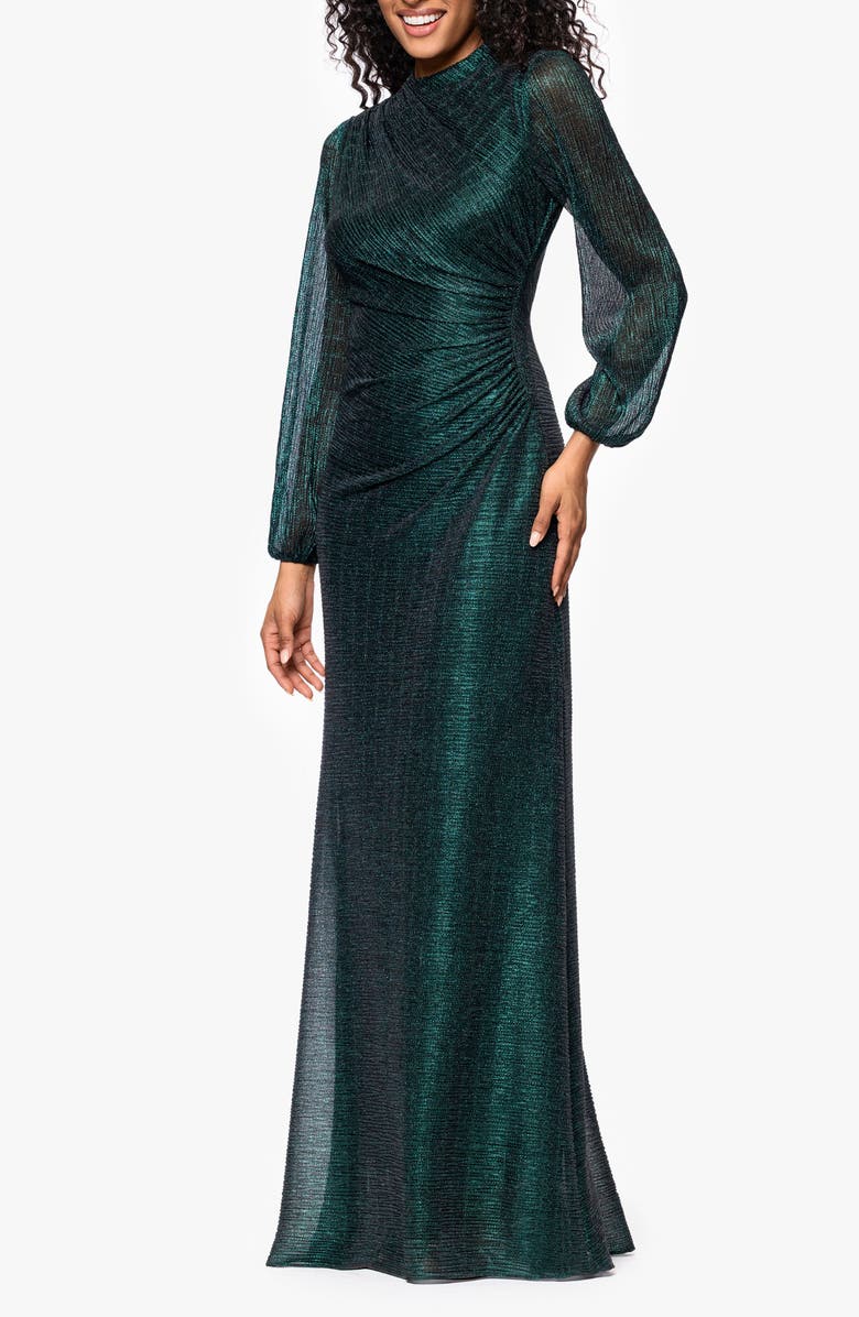 Betsy & Adam Metallic Crinkle Long Sleeve Sheath Gown, Alternate, color, Black/ Emerald