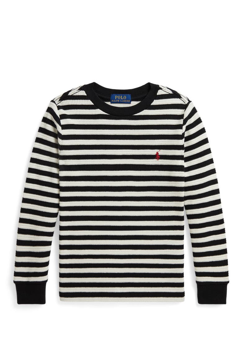 Kids' Waffle Knit Long Sleeve T-Shirt, Main, color, POLO BLACK/ CLUBHOUSE CREAM