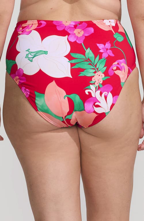 Lands' End Ribbed Smoothing High Waisted Bikini Bottoms In Coral Rose Lilies