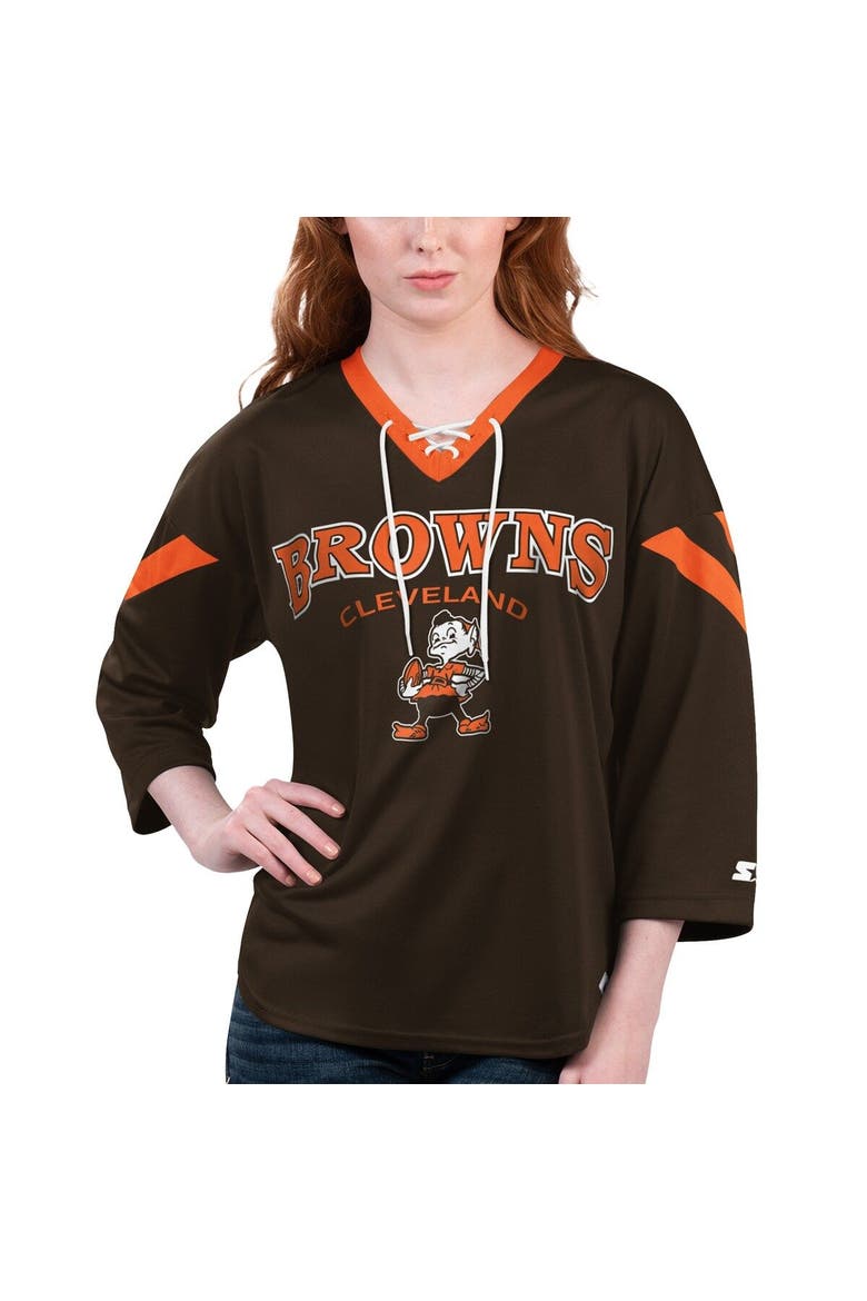 Women's Starter Brown Cleveland Browns Rally Lace-Up 3/4 Sleeve T-Shirt, Main, color, Brown