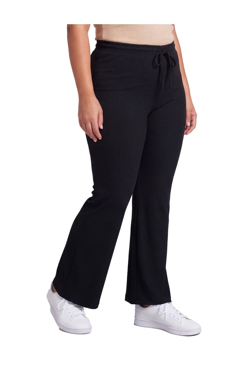 24seven Comfort Apparel Curvy Basic Ribbed Knit Drawstring Straight Leg Lounge Pants, Alternate, color, Black