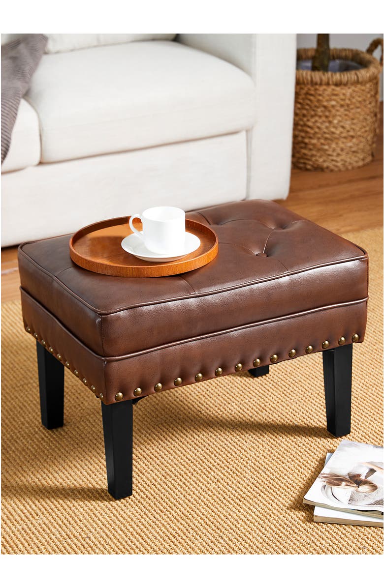 Glitzhome Mid-century Modern Faux Leather Button-tufted Accent Stool, Alternate, color, Coffee