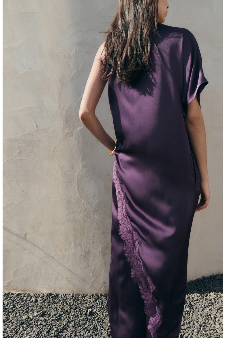 Lace Trim Asymmetric Satin Top, Alternate, color, PURPLE