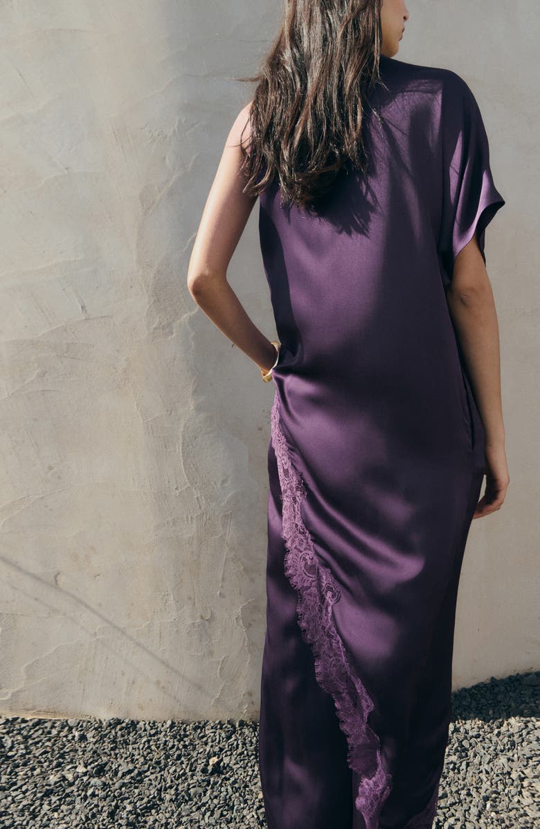 MANGO Lace Trim Asymmetric Satin Top, Alternate, color, 