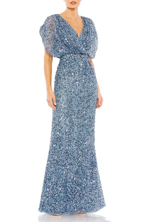 Draped Sleeve Sequin V-Neck Gown