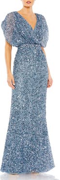 Mac Duggal Draped Sleeve Sequin V-Neck Gown