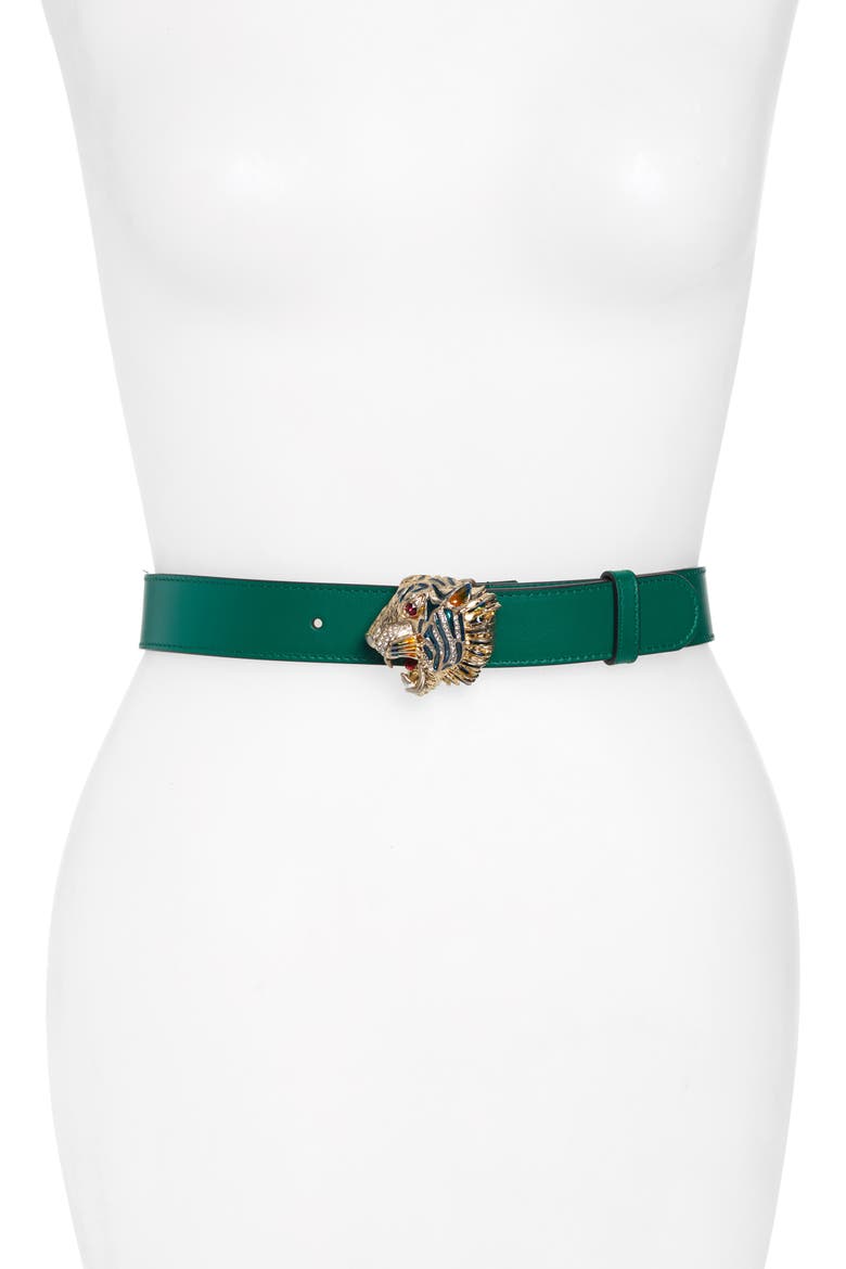 Crystal Tiger Head Leather Belt, Main, color, EMERALD/MULTI