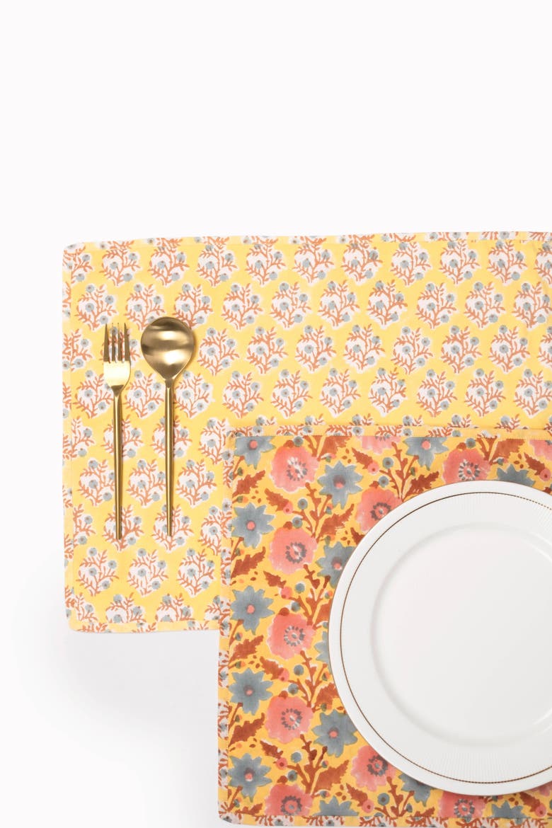 Amaltas Reversible Block Print Placemats Set of 2, Alternate, color, Yellow