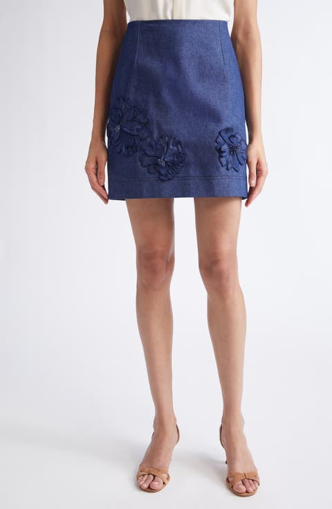 Floral Embroidered Stretch Denim Miniskirt