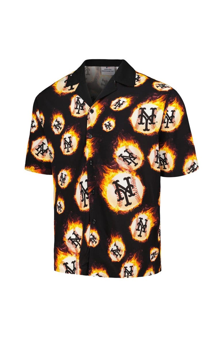 Men's PLEASURES  Black New York Mets Flame Fireball Button-Up Shirt, Alternate, color, Black
