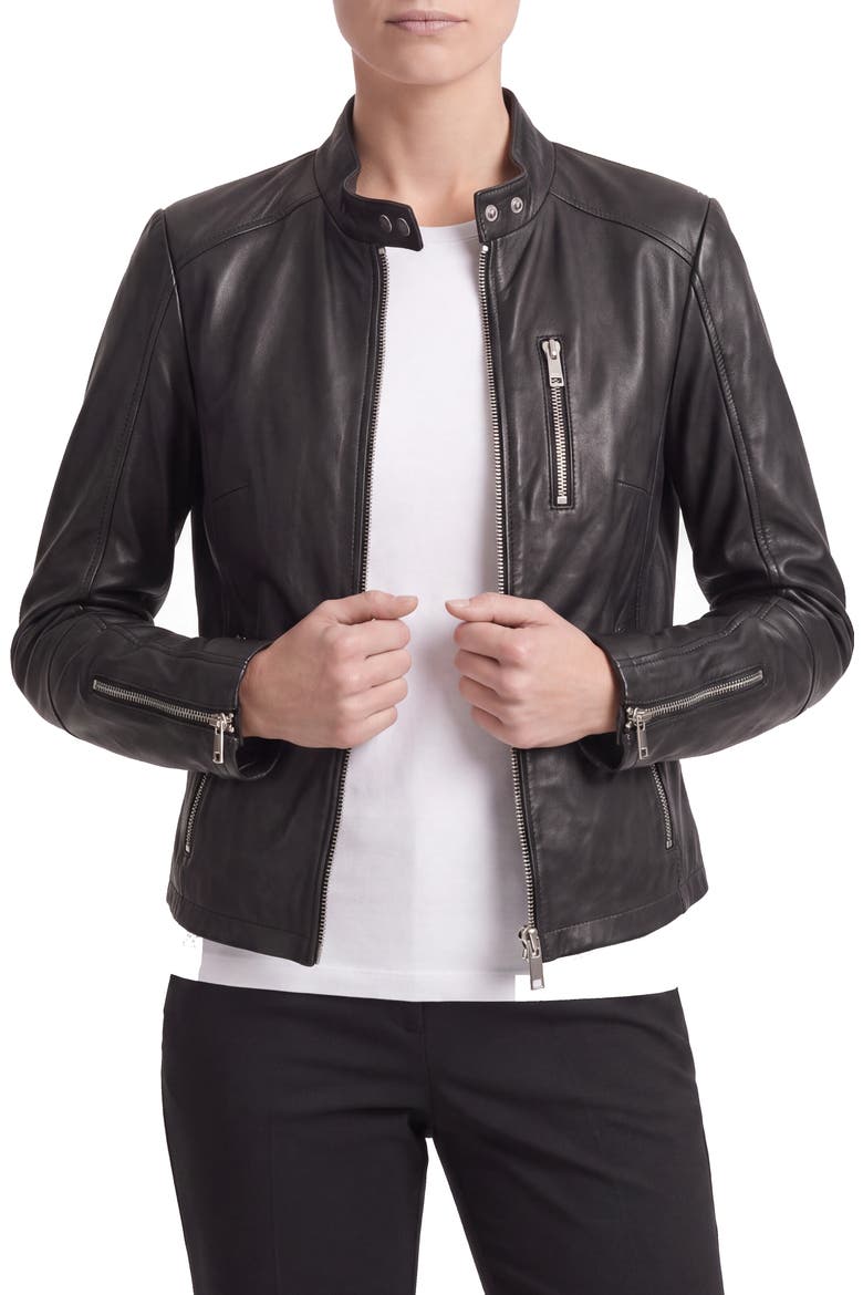 Leather Racing Jacket, Alternate, color, BLACK