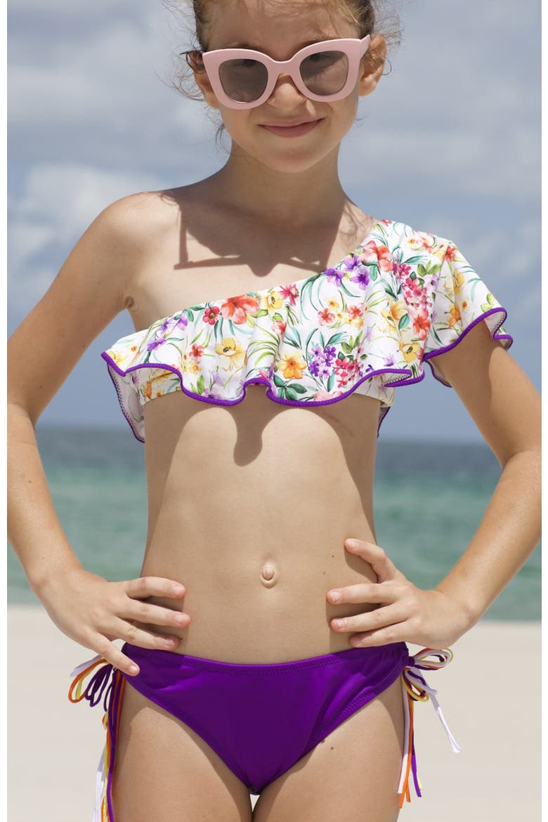 Kids' One Shoulder Floral Print Ruffle Two-Piece Swimsuit, Alternate, color, Multicolor