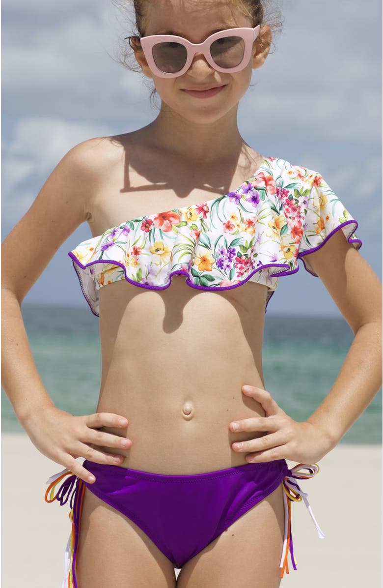 NESSI BYRD Kids' One Shoulder Floral Print Ruffle Two-Piece Swimsuit, Alternate, color, Multicolor
