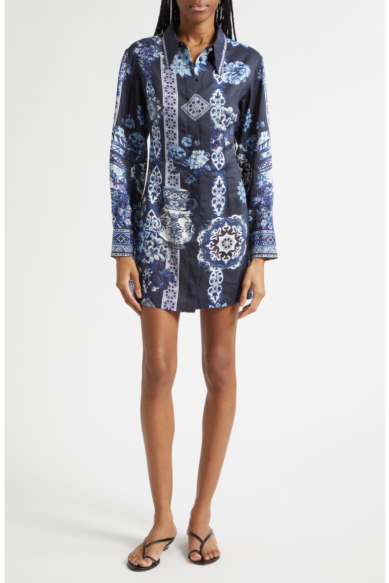 A Tiled Wonderland Long Sleeve Linen & Silk Twill Shirtdress, Main, color, A TILED WONDERLAND