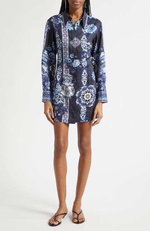 A Tiled Wonderland Long Sleeve Linen & Silk Twill Shirtdress