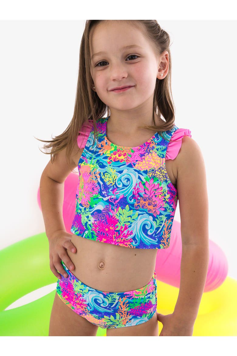 UPF50+ Sun Protected Racerback Flutter Tankini 2-Piece Swimsuit, Alternate, color, Neon Ocean Coral