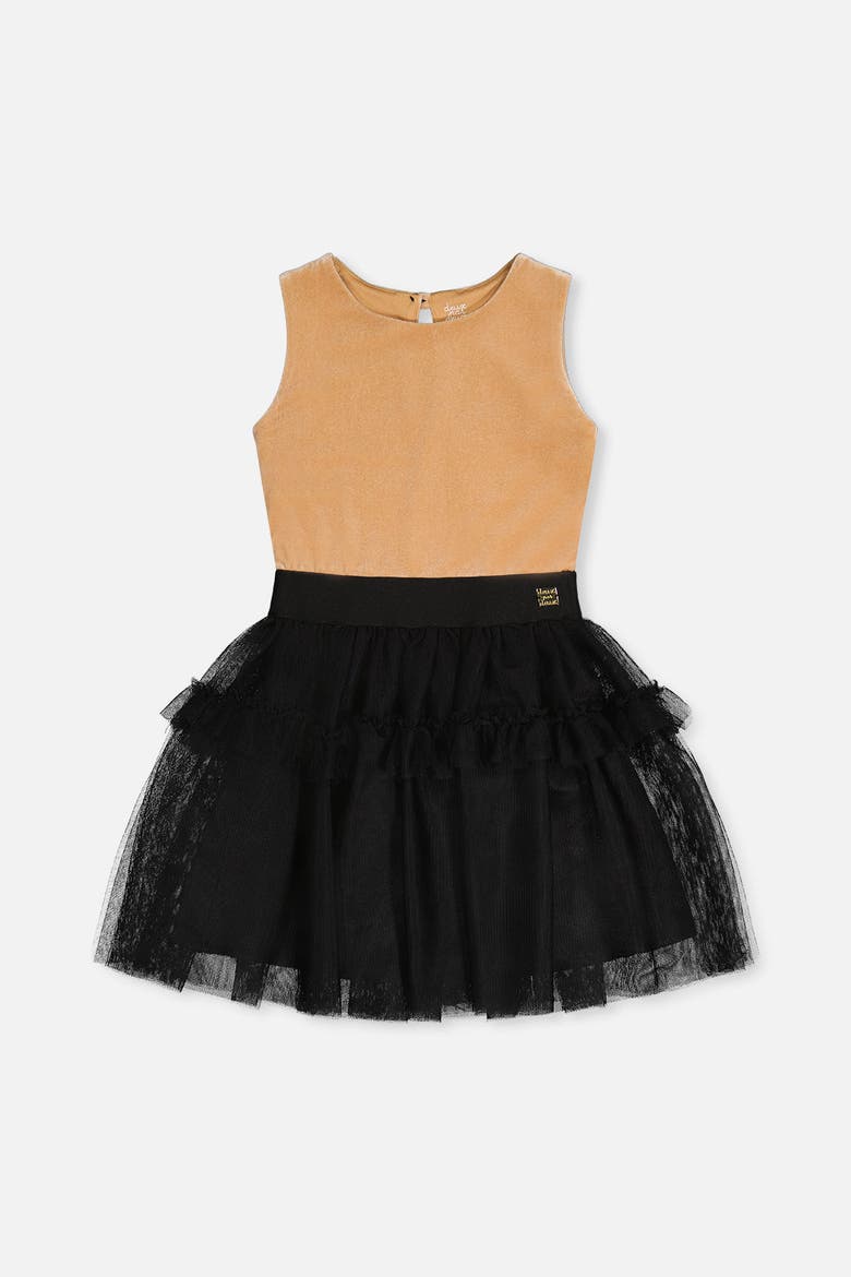 Bi-Material Sleeveless Tiered Mesh Ruffle Dress, Main, color, Beige and Black