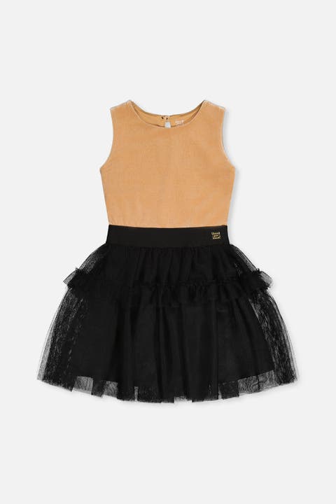 Bi-Material Sleeveless Tiered Mesh Ruffle Dress