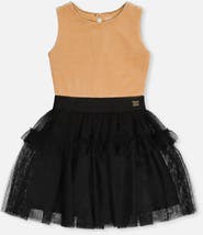 Deux par Deux Bi-Material Sleeveless Tiered Mesh Ruffle Dress