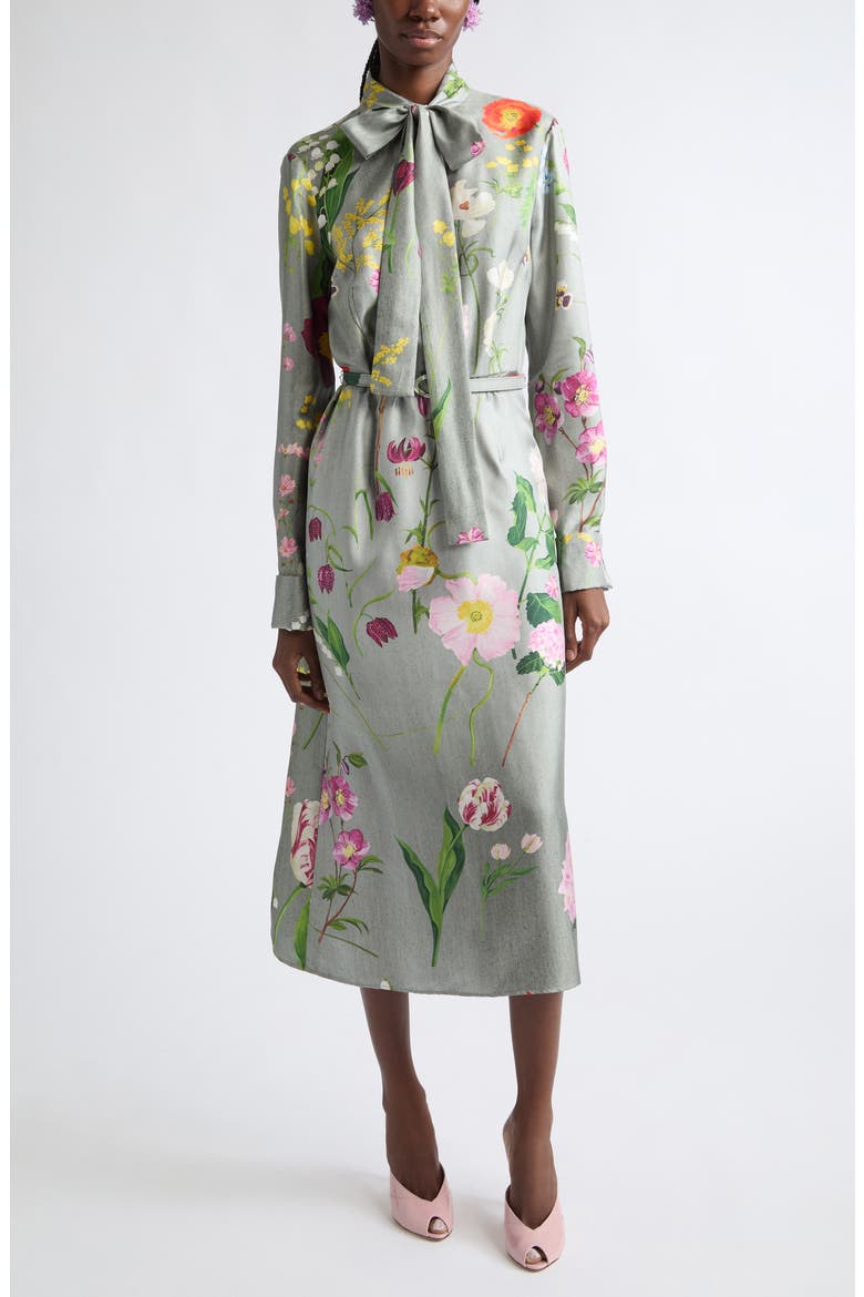 Floral Print Long Sleeve Silk Midi Dress, Main, color, GREY MULTI