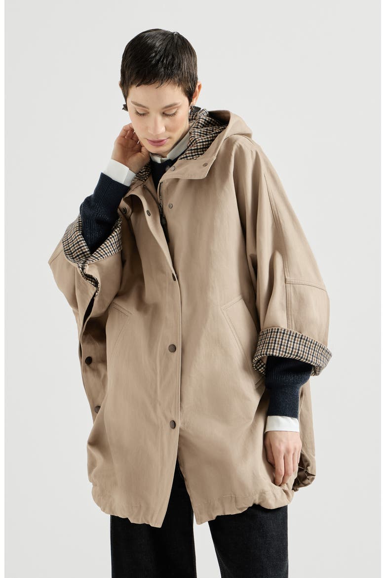 Cotton and linen twill hooded outerwear jacket with monili, Main, color, Camel