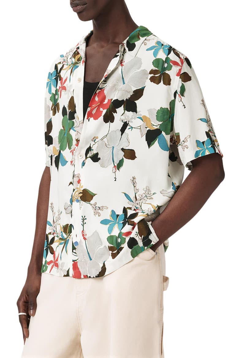 Koh Chang Floral Short Sleeve Cotton Button-Up Shirt, Alternate, color, OFF WHITE