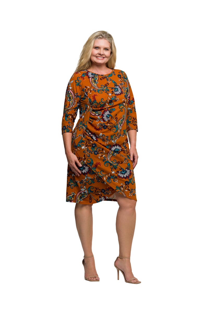 24seven Comfort Apparel Plus Size Elbow Sleeve Ruched Tulip Fall Print Mini Dress, Alternate, color, Orange Multi