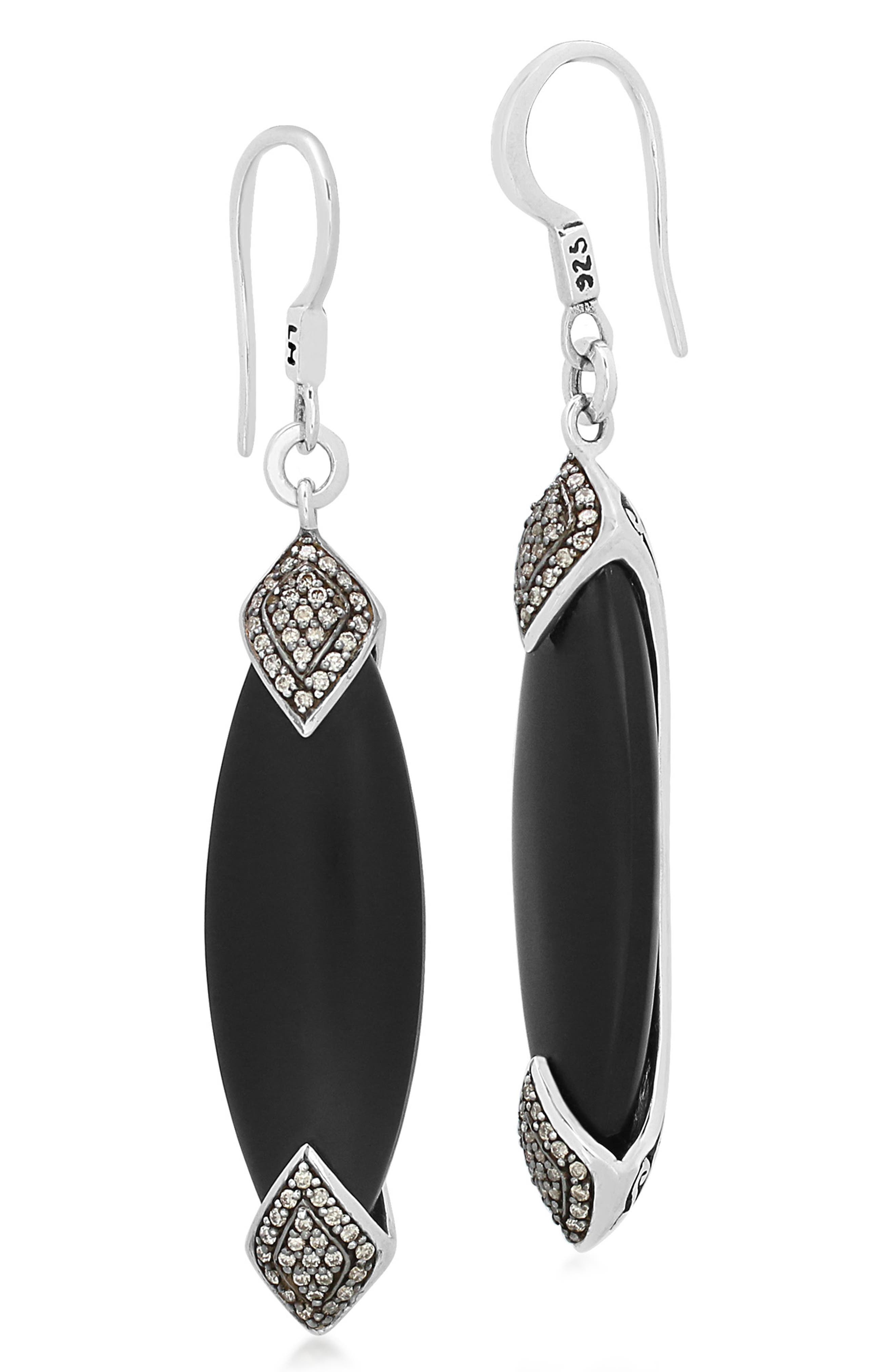 Lois Hill Rhodium Plated Sterling Silver Black Onyx & Brown Diamond Marquise Drop Earrings - 0.50ct.
