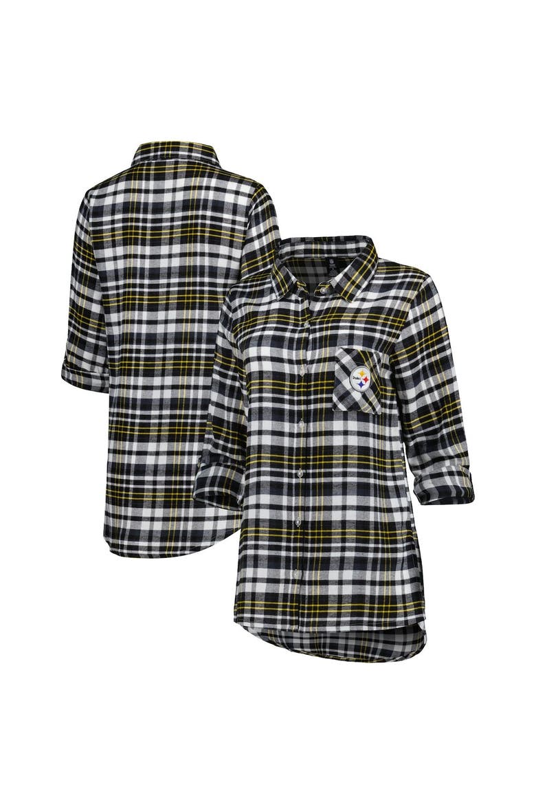Women's Concepts Sport Black Pittsburgh Steelers Mainstay Plaid Full-Button Long Sleeve Nightshirt, Main, color, Black