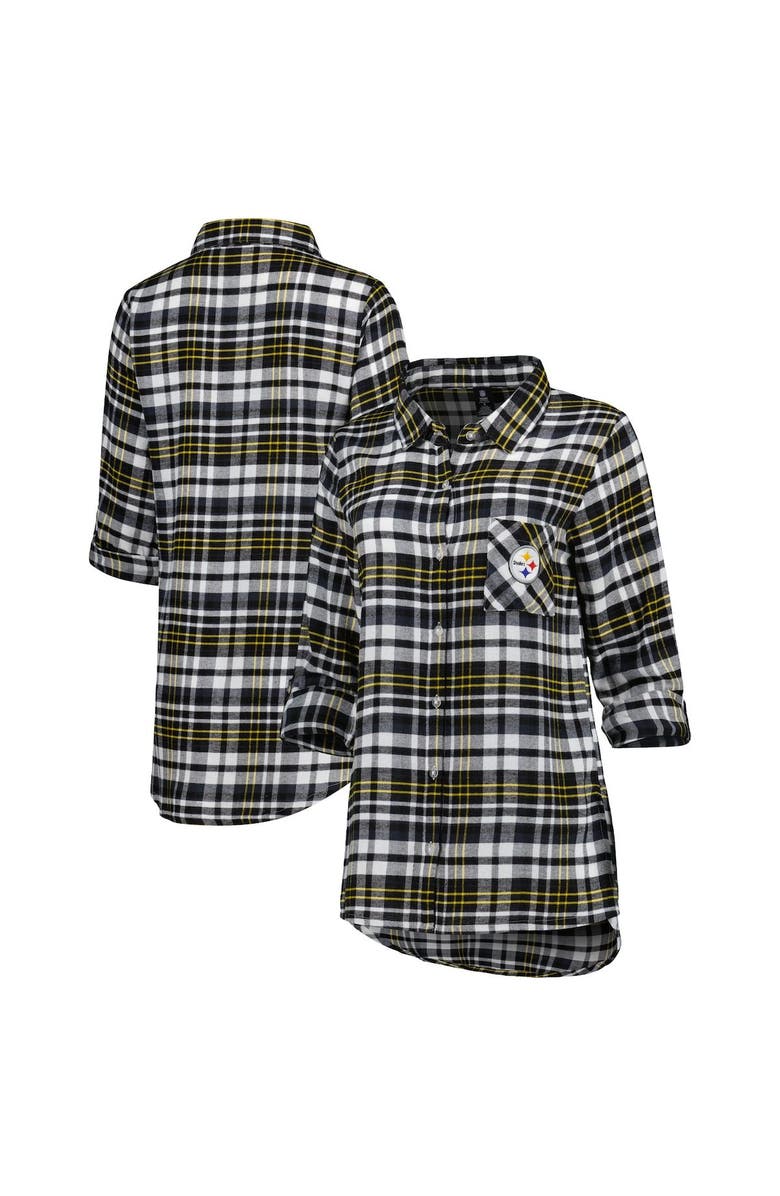 CONCEPTS SPORT Women's Concepts Sport Black Pittsburgh Steelers Mainstay Plaid Full-Button Long Sleeve Nightshirt, Main, color, 