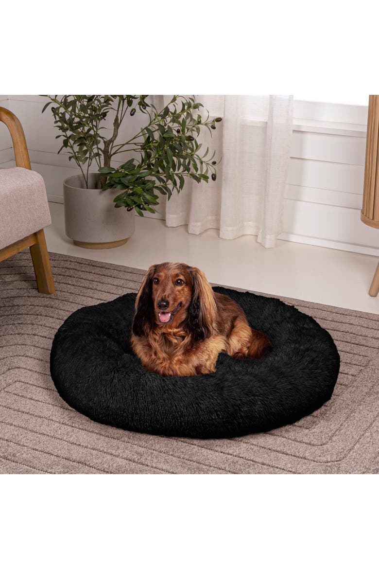 Maisie Bohemian Glam Faux Fur Round Fluffy Calming Donut Pet Bed with Washable Cover, Alternate, color, Black