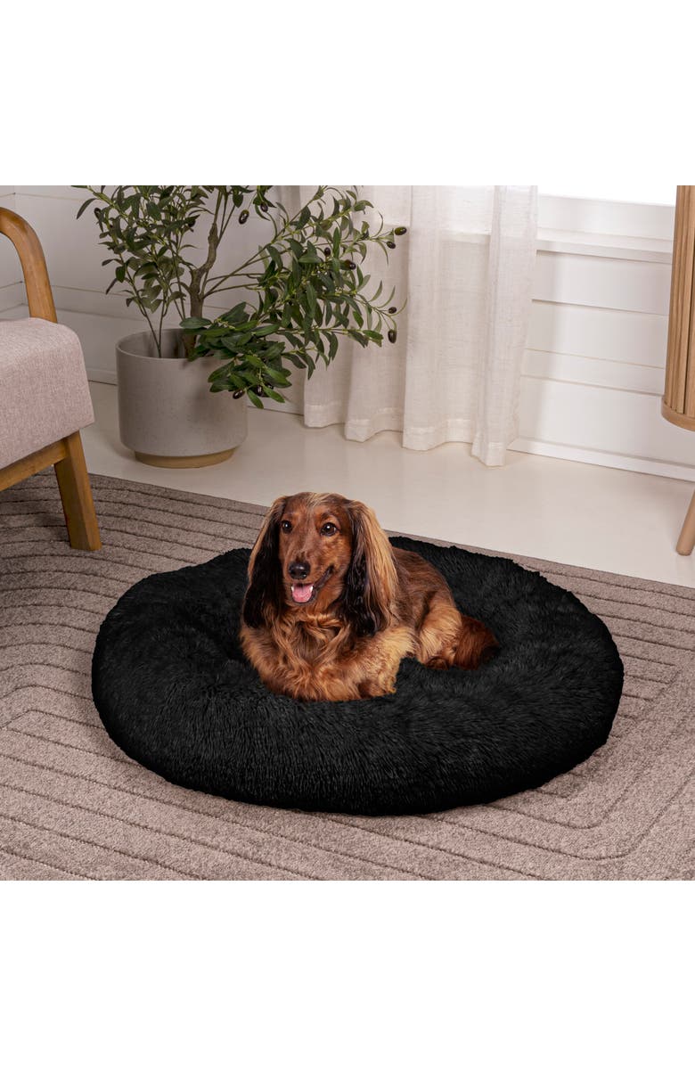 The Licker Store Maisie Bohemian Glam Faux Fur Round Fluffy Calming Donut Pet Bed with Washable Cover, Alternate, color, Black