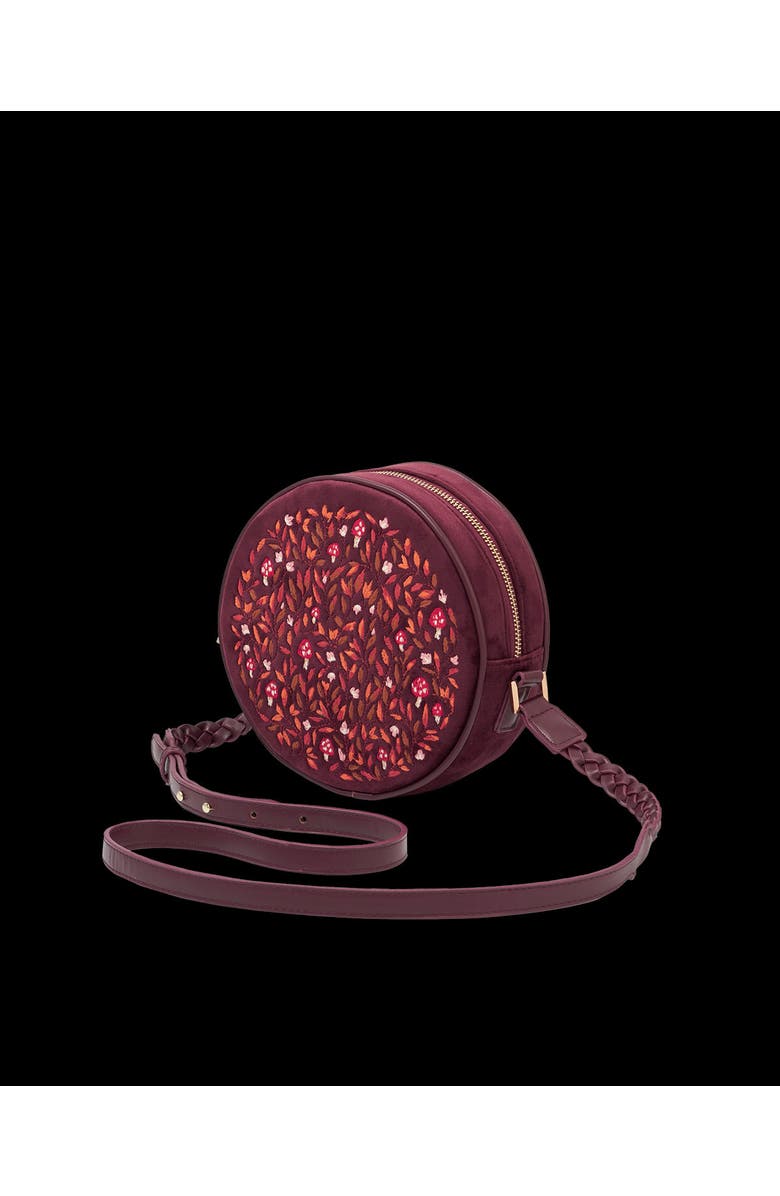 Fable England Magical Mushroom Embroidered Burgundy Velvet Circle Bag, Alternate, color, Red