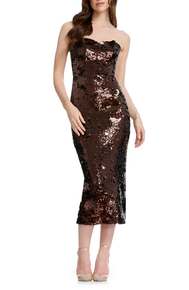 Dress the Population Shailene Sequin Strapless Cocktail Sheath Dress, Main, color, Mocha