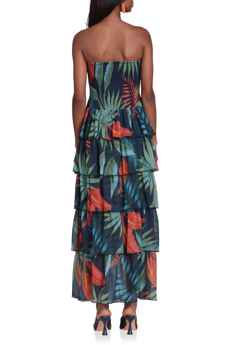 Mixed Print Strapless Tiered Maxi Dress, Alternate, color, NAVY BIRDS OF PARADISE