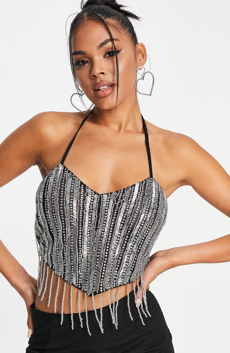 ASOS DESIGN Sequin Beaded Halter Top, Main, color, 
