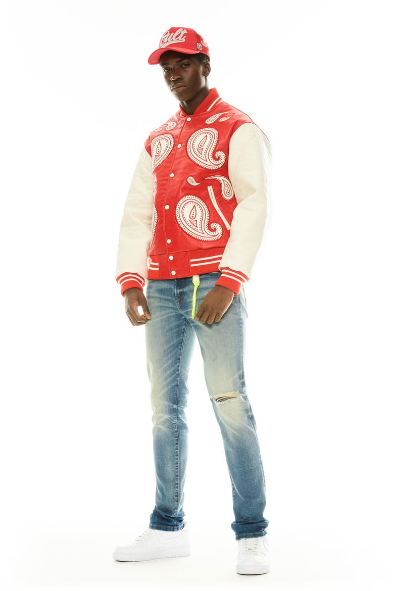 Paisley Appliqué Varsity Jacket, Alternate, color, RED