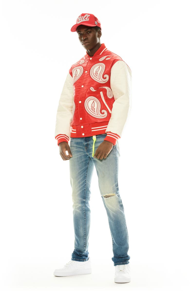 Cult of Individuality Paisley Appliqué Varsity Jacket, Alternate, color, Red