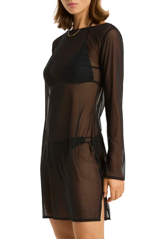Sea Level Day Club Long Sleeve Mesh Cover-up Dress In Black