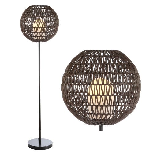 Jonathan Y Bea 61" Outdoor Woven Globe Led Floor Lamp, Coffee/black In Coffee/black