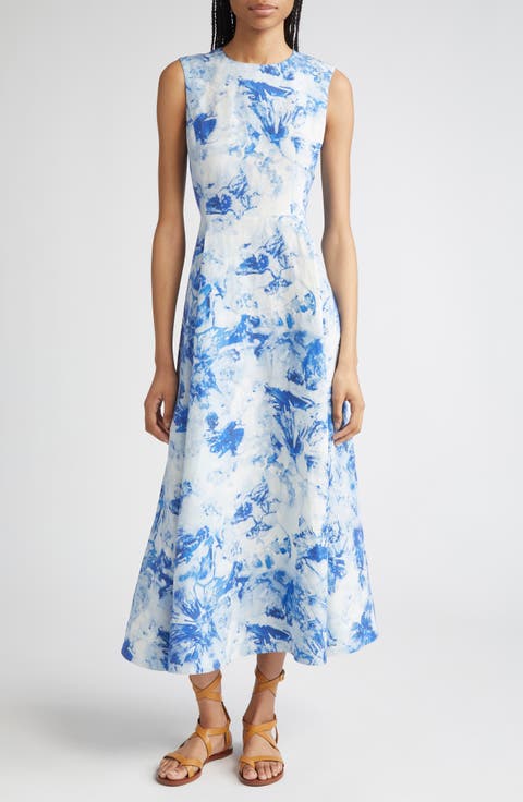 Floral Sleeveless Silk & Linen Fit & Flare Dress