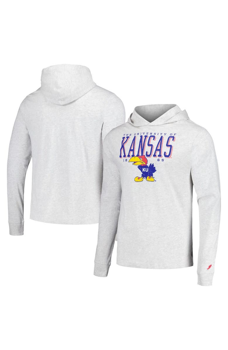 LEAGUE COLLEGIATE WEAR Men's League Collegiate Wear Ash Kansas Jayhawks Team Stack Tumble Long Sleeve Hooded T-Shirt, Main, color, 