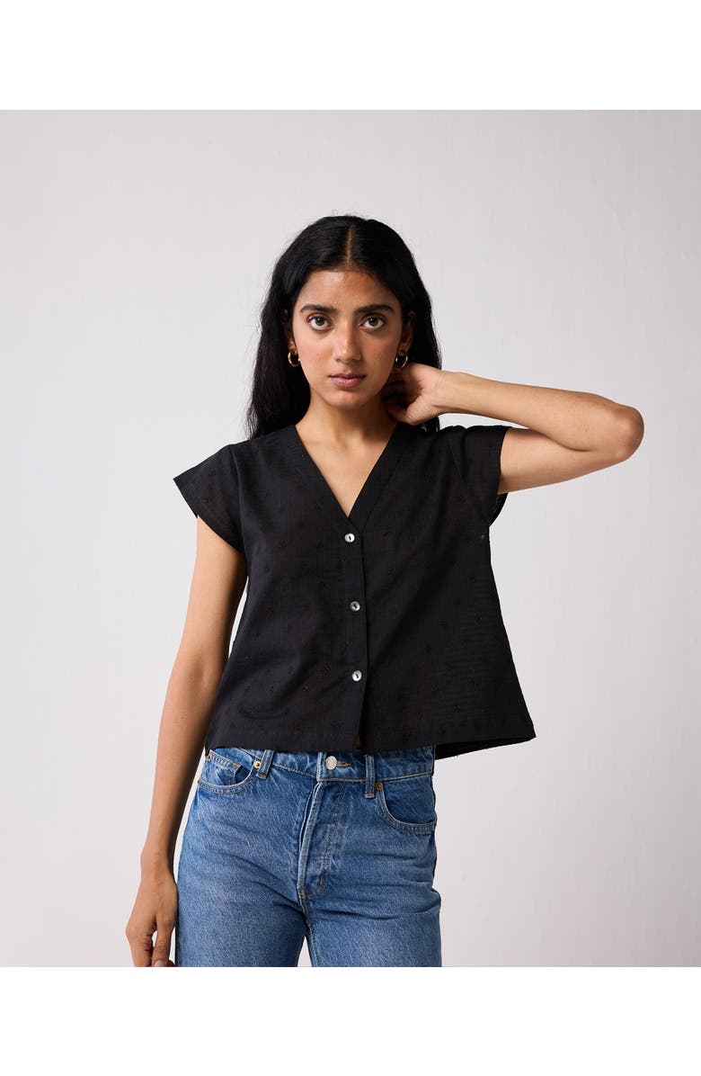 Reistor V-Neck Embroidered Top with Front Buttons, Main, color, Textured Eyelet In Black
