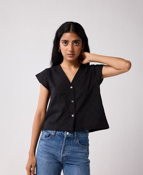 V-Neck Embroidered Top with Front Buttons